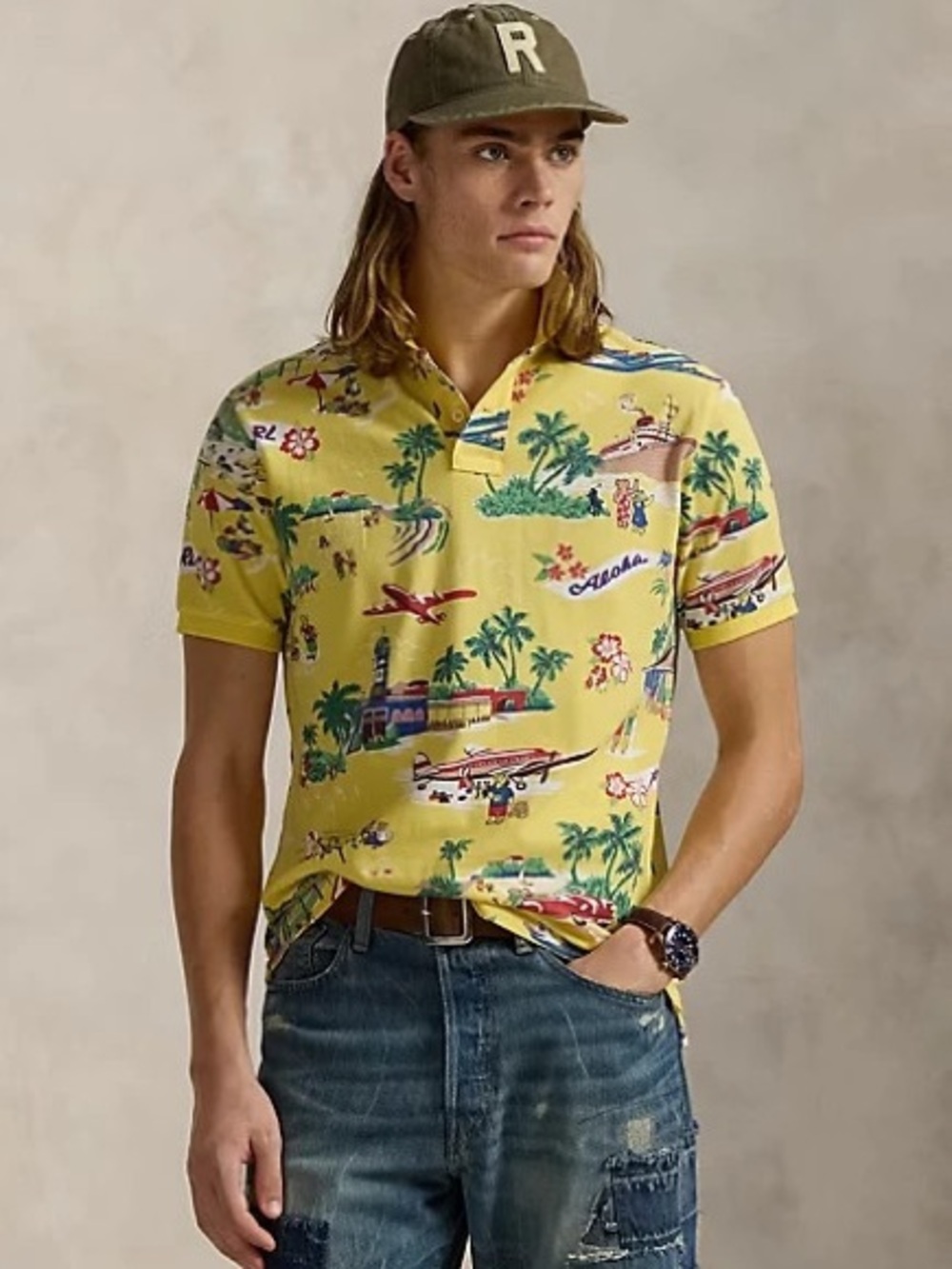 Polo Ralph Lauren Mens SZ XXL Classic Fit Yellow Mesh Hawaiian Bear Polo